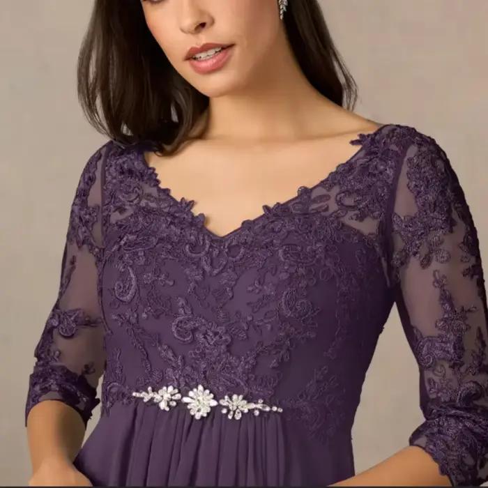 Robes de mère de la mariée en mousseline de soie, col en V, personnalisées, avec appliques en dentel