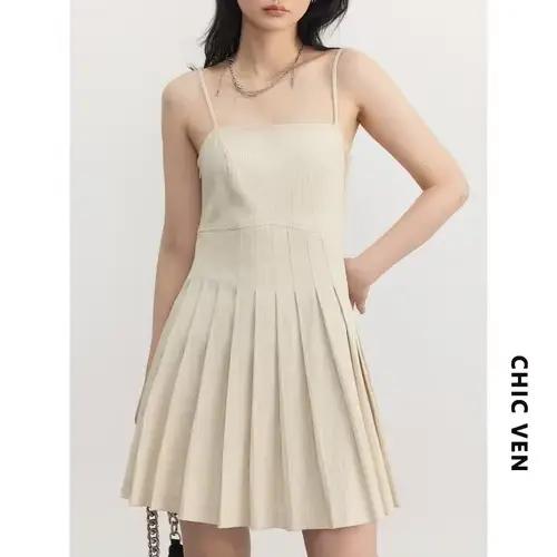 CHIC VEN nouvelles robes pour femmes solide taille haute sergé Jacquard a-ligne plissée robe goutte