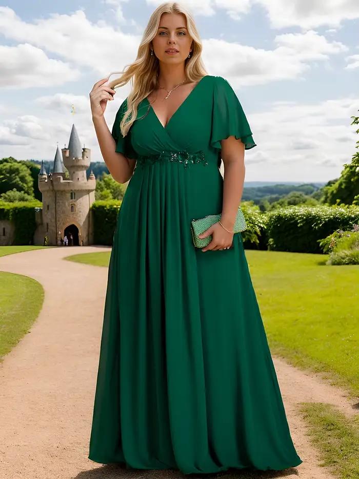 Robe de soirée grande taille, col en V, appliques plissées, longueur au sol, Ever Pretty, avec appli