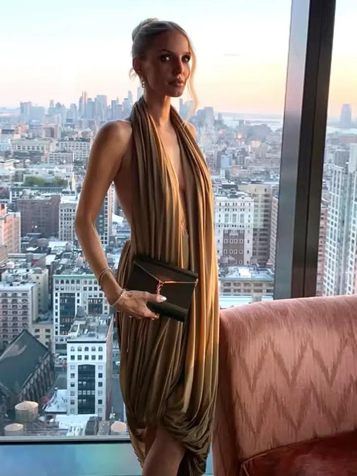 Nibber froncé licou robe Maxi femmes sans manches dos nu ourlet irrégulier solide vacances classique
