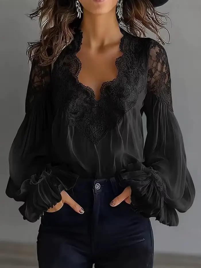 Chemise pour femme, noir et blanc, élégante, sexy, col en V, dentelle, manches lanternes, chemise un