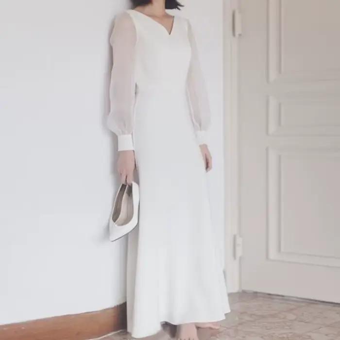 Robe de mariée légère française, Simple, col en v, manches longues, Style Banquet, robe de soirée, f