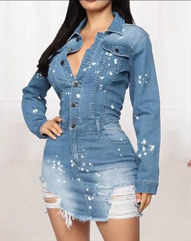 Mini robe en denim à manches longues et col rabattu pour femmes, ourlet brut déchiré, bouton sur le
