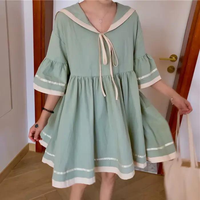 Robe trapèze à manches courtes évasées pour femmes, robe à lacets, plissée, rayée, adt Harajuku, étu