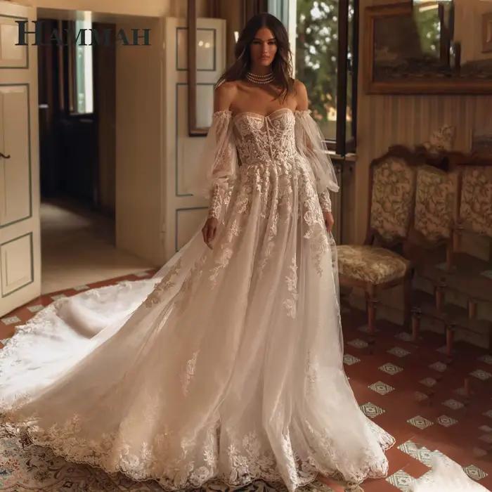 HAMMAH à la mode manches bouffantes Robe De mariée Court Train dentelle Appliques plissé chérie ferm