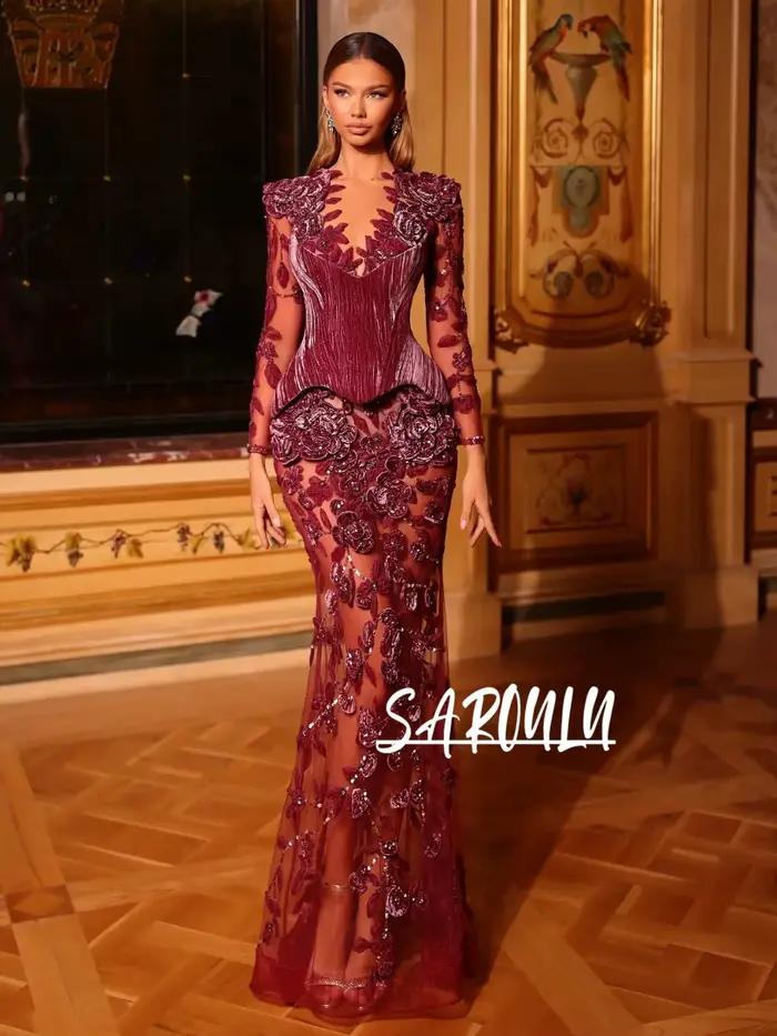Robe de soirée de forme sirène, bordeaux, manches longues, Rose 3D, Illusion éblouissante, robe de b
