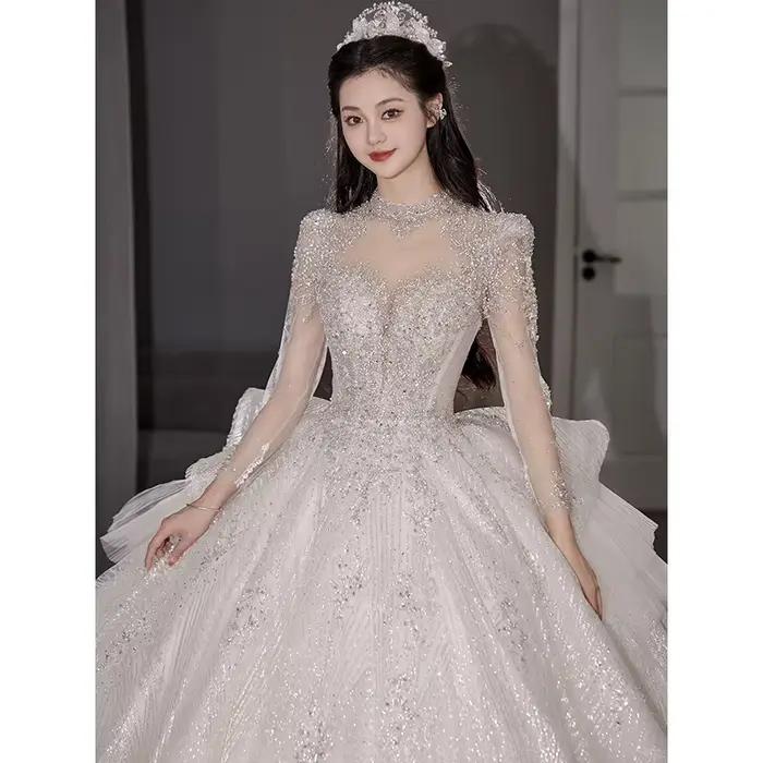 Robe de mariée rétro haut de gamme, palais de mariée, manches longues, dentelle, maille, ciel étoilé