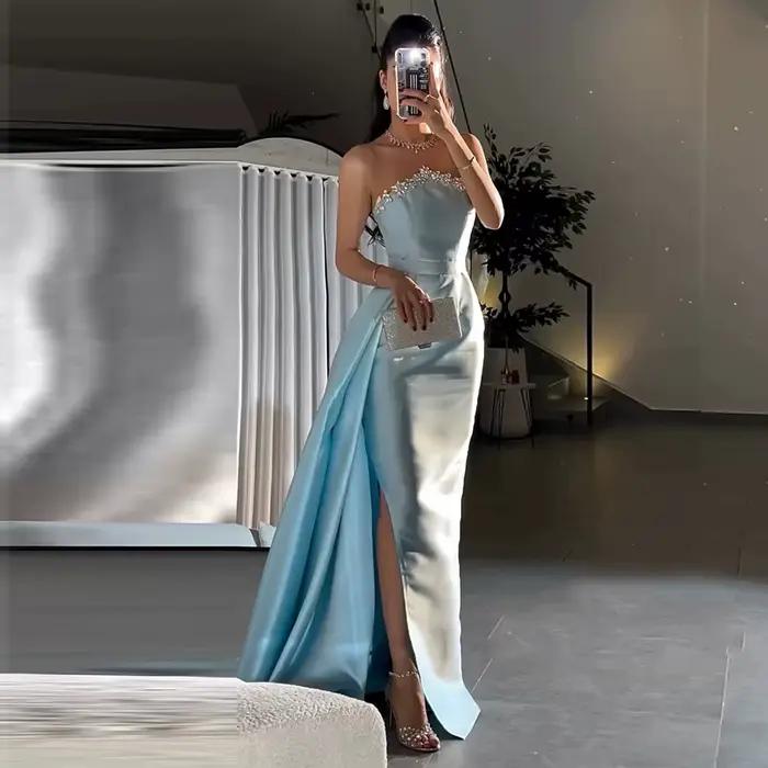 Robes de soirée de luxe pour femmes, bleu ciel, en Satin, fente latérale, colonne, longue drapée, pe