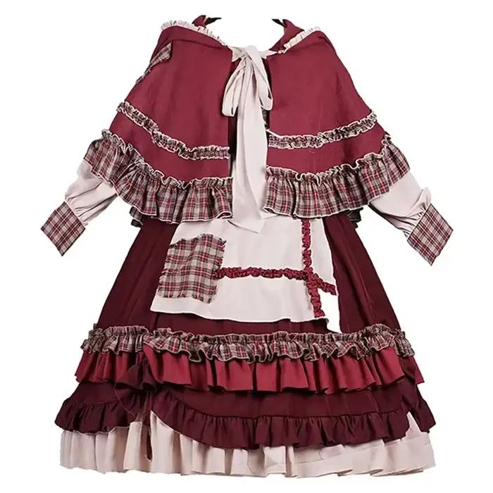 Robe Lolita pour filles, Vintage, Patchwork, robes rouges avec cape, mignonne, Bing Cosplay, petit c