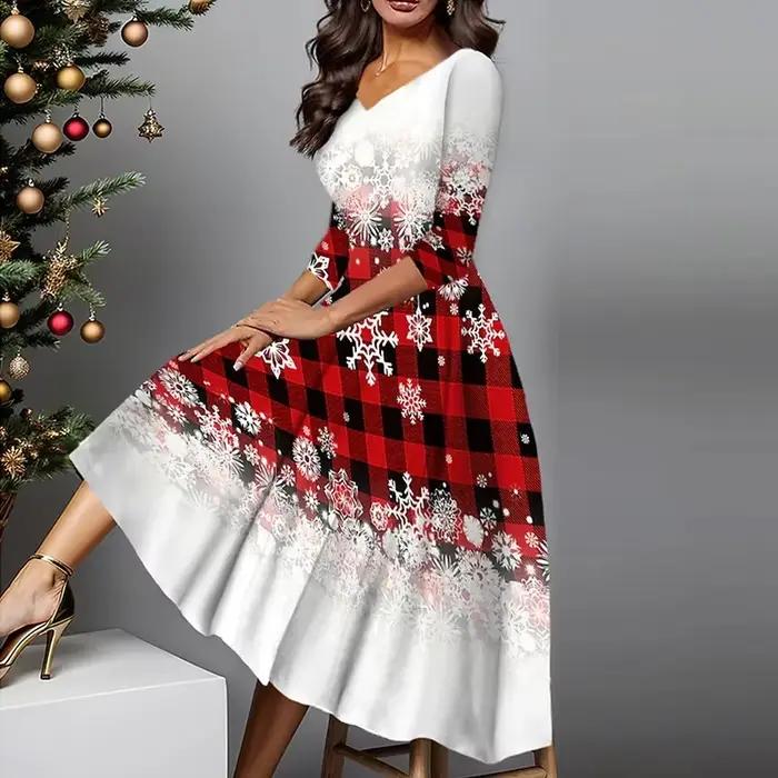 Robe longue de Style noël pour femmes, nouvelle collection automne hiver, col en V, manches longues,