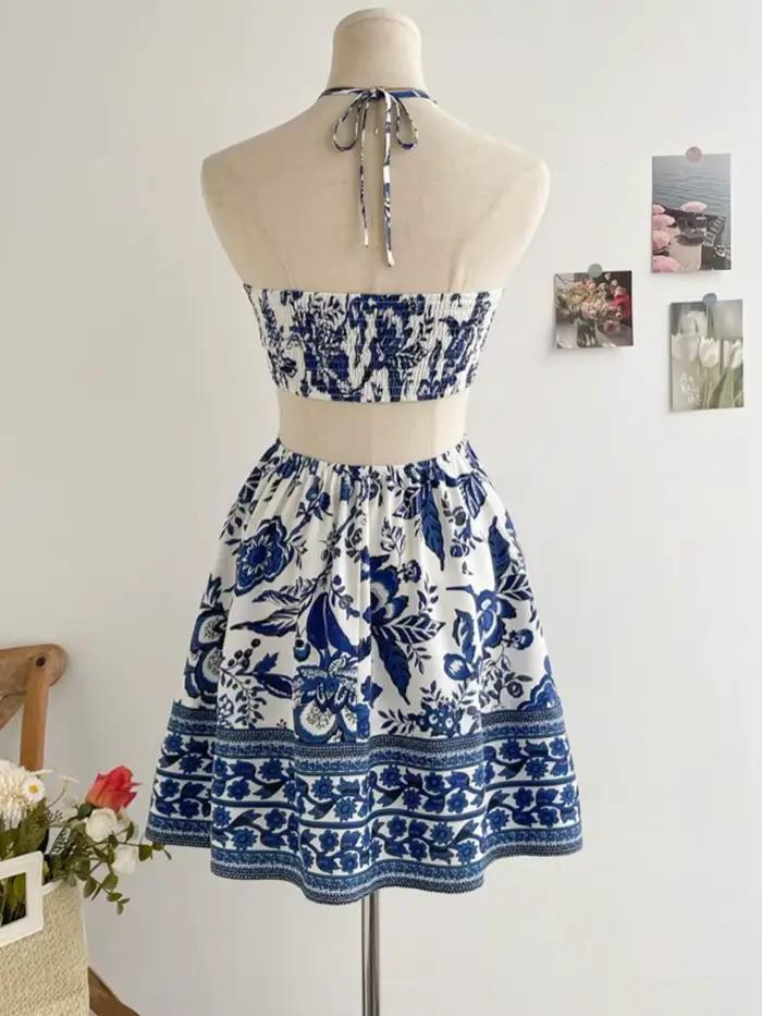 Robe romantique à imprimé Floral pour femmes, col licou, Sexy, à la mode, facile à créer, paresseux,