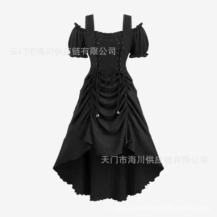 Robe de costume Renaissance médiévale pour femme, style pirate, asymétrique, à volants, à lacets, él
