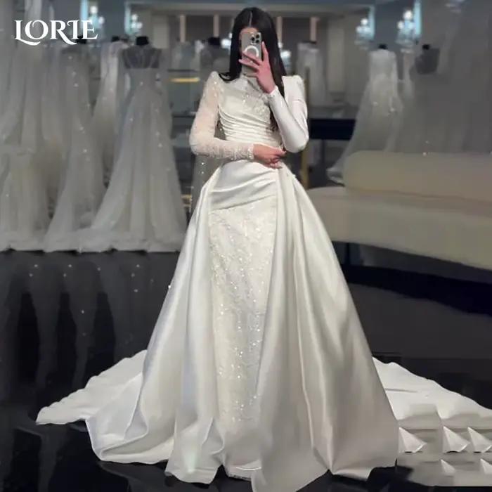 LORIE-Robe de Mariée en Dentelle Plissée à Col Haut, Brillante, avec Traîne Amovible et Volants, pou