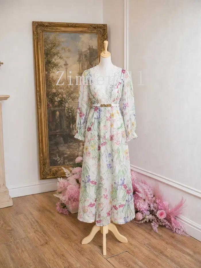 Robe de soirée longue élégante de style français vintage pour femmes, robe à manches évasées, col en V, dentelle imprimée, robe chic pour les vacances, les fêtes