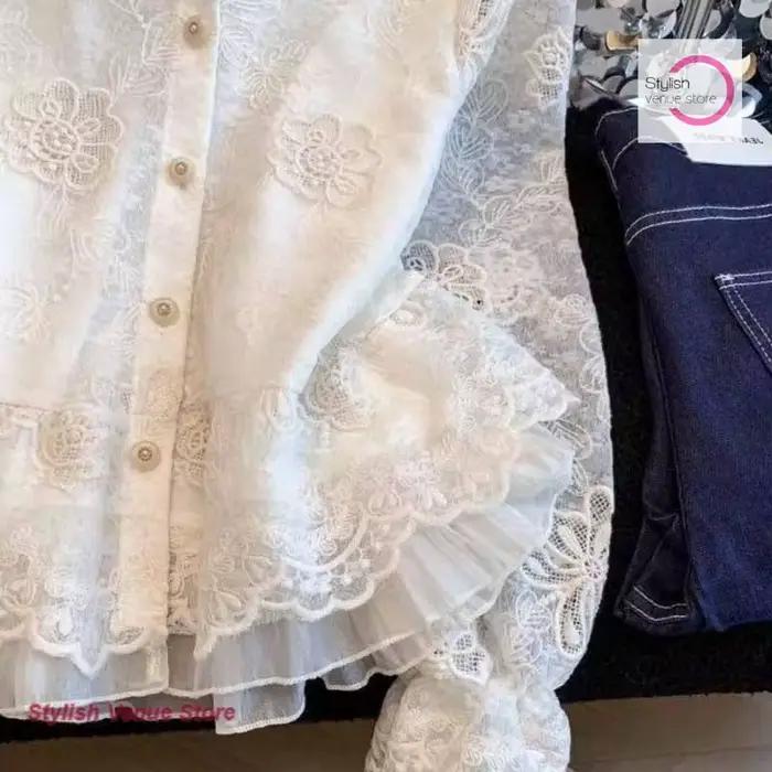 Chemise à manches longues en dentelle brodée style palais français