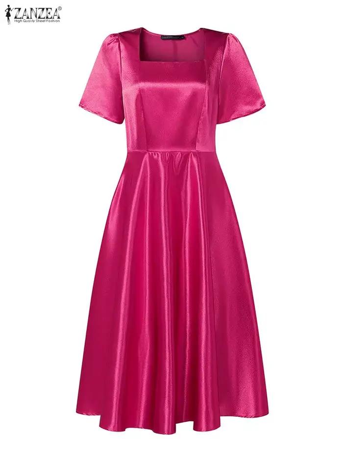 Robe de soirée élégante ZANZEA femmes robes 2025 col carré manches pétales Satin