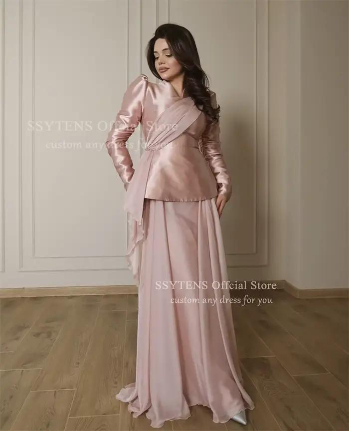 SSYTENS Satin mousseline De soie robes De Soirée saoudiennes pour les femmes col en V une ligne Robe De Noche manches
