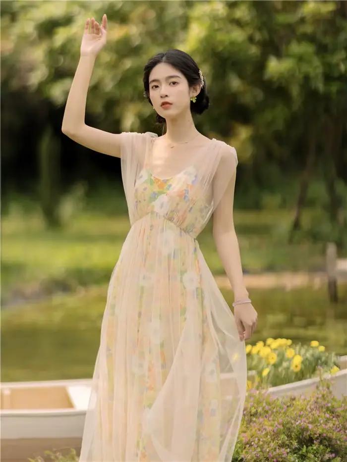 Robe féerique d'été Vintage Mori Girl en Polyester et Maille pour Femmes Occasions Spéciales