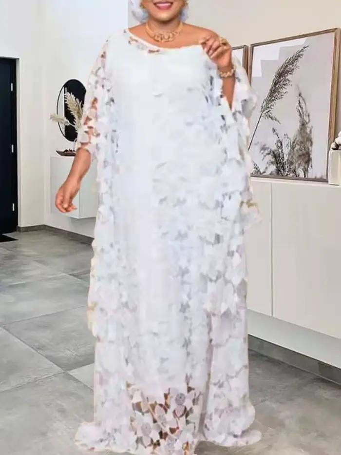 Femmes Robe en dentelle ample fête longue avec doublure col rond poignet manches chauve-souris mode confortable