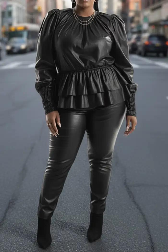 Chemisier en cuir PU noir décontracté avec manches à volants pour femmes élégantes occasions business casual semi-formel quotidiennes