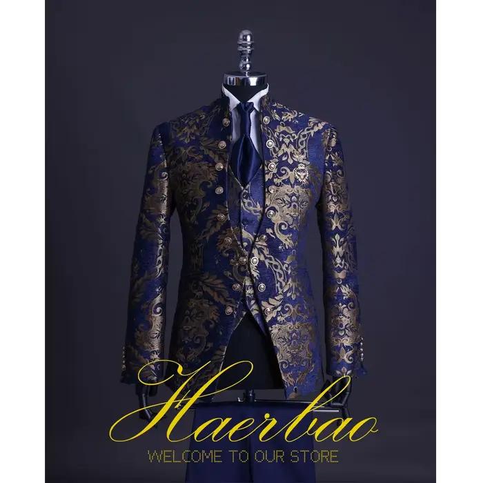 Ensemble de Costume pour hommes, col montant, costumes de mariage pour hommes, Costume de smoking formel pour marié, beau scène à bord Floral bleu or