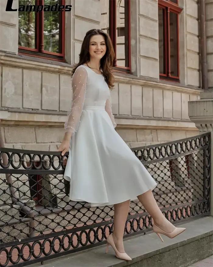 Robe de Mariée Civile avec Perles, Manches sulf, Longueur Genou, Robe Éducative, Élégante, 2022