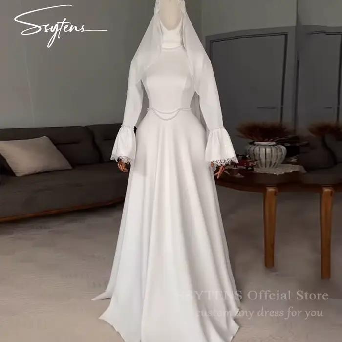 SSYTENS Robes de mariée musulmanes modestes pour les mariées, personnalisées, en dentelle ivoire, coupe trapèze, avec perles, pour Nikkah, longues, Vestidos De Noiva