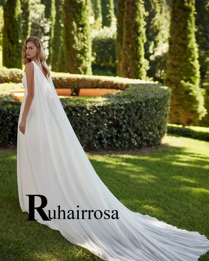 Ruhair gracieuse Robe De mariée trapèze pour femmes col en v bouton plissé bretelles Spaghetti Court Train