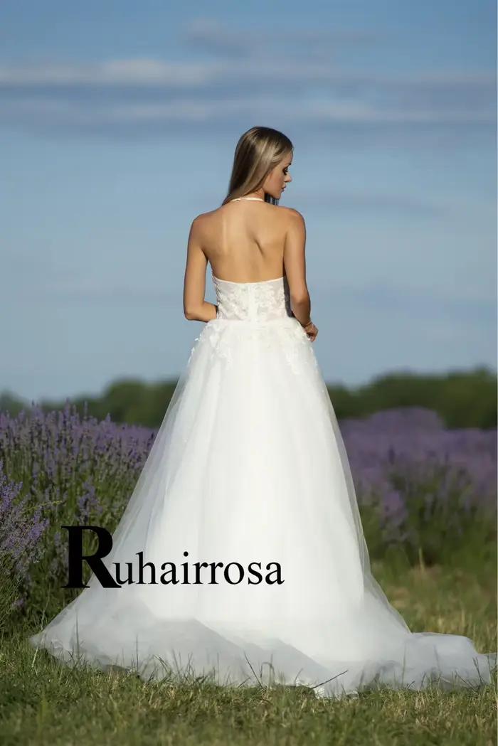 Ruhair Chic Robe De mariée pour femmes a-ligne licou sans manches fermeture éclair Appliques Tulle