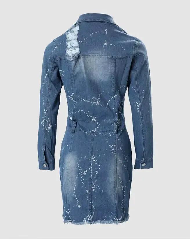 Robe en denim high street à manches longues et col rabattu avec ourlet déchiré et éclaboussures d'encre pour femmes, mini robe pour toutes les occasions spéciales