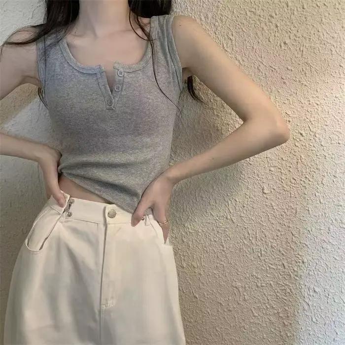 Débardeur côtelé boutonné sans manches pour femme
