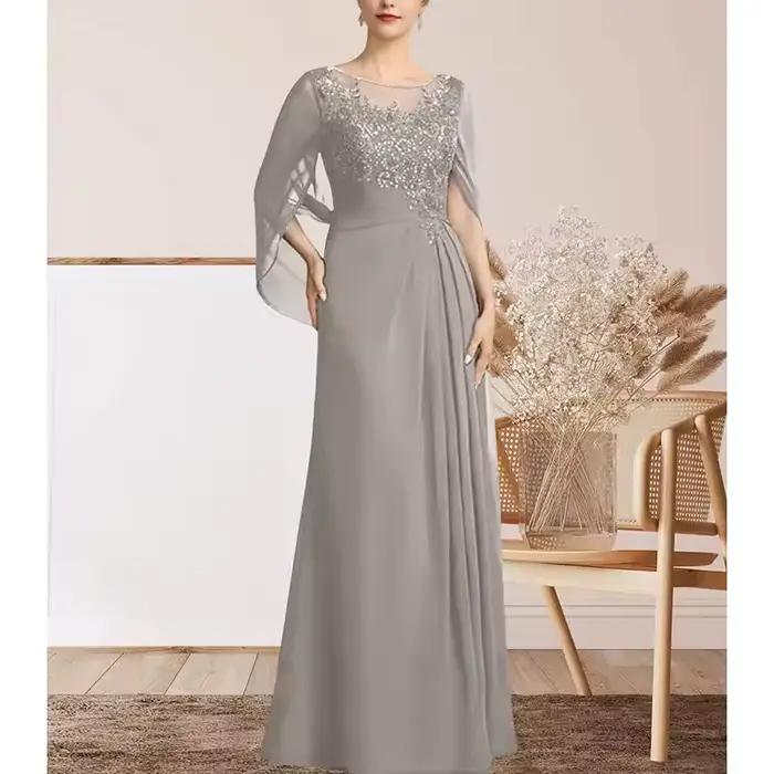 Robe de Soirée en Mousseline de Soie et Dentelle Appliquée pour Mère de la Mariée Occasions Spéciales