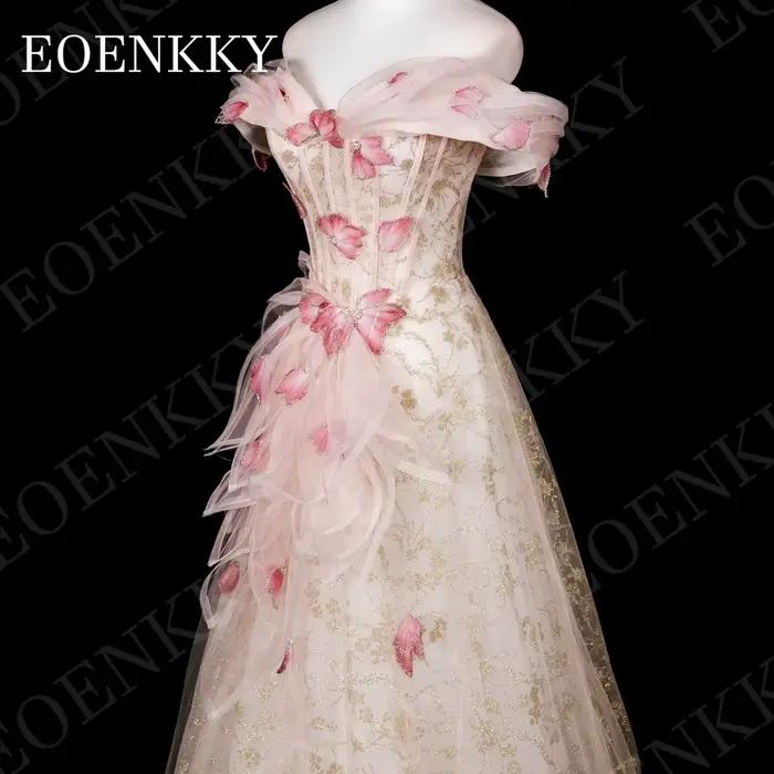 EOENKKY robe de soirée à paillettes Vintage épaules dénudées avec des Appliques florales en Tulle ligne