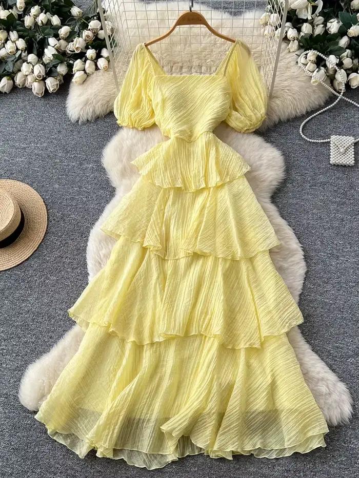 Robe longue d'été pour femme à col carré et manches bouffantes