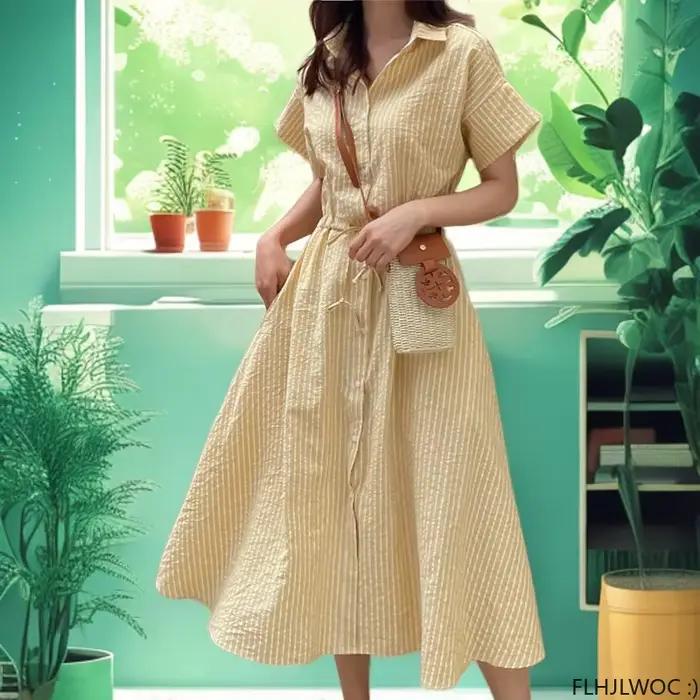 Robe Longue Rétro à Manches Courtes pour Femme