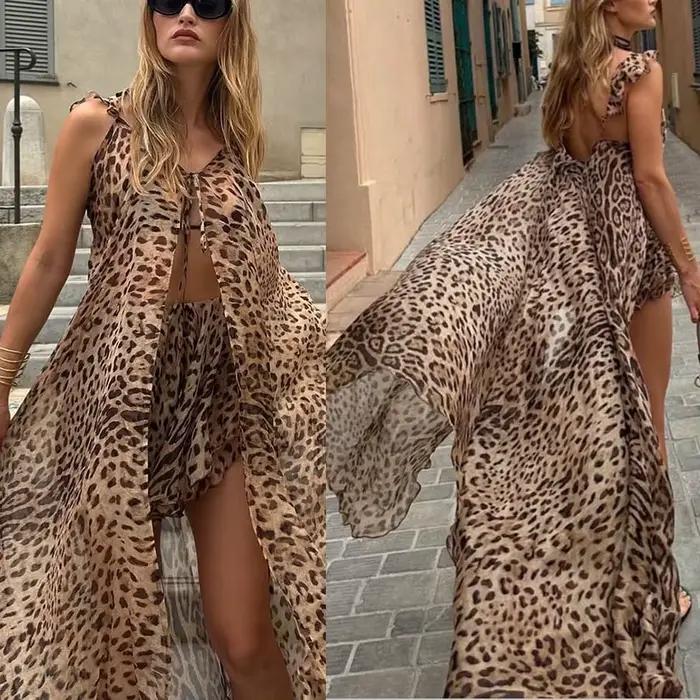 Été 2025 nouveauté femmes plage vacances robe ensemble en mousseline de soie imprimé licou longue