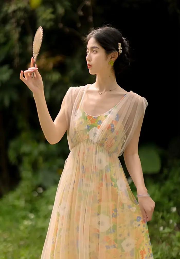 Robe féerique d'été Vintage Mori Girl en Polyester et Maille pour Femmes Occasions Spéciales