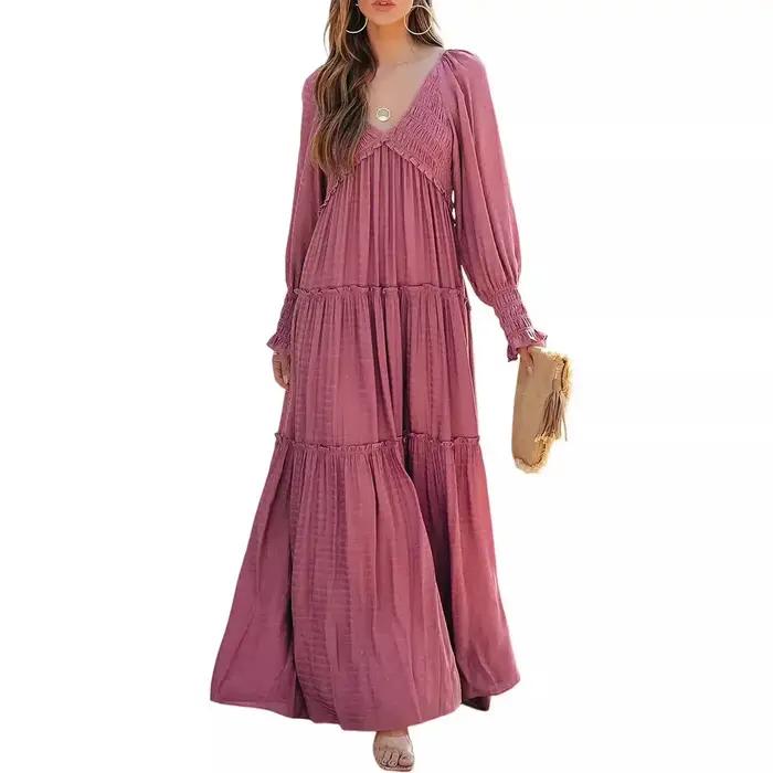 Robe longue femme vintage col en V manches longues ample Y2K taille haute froncée décontractée été 2026 élégante légèrement extensible