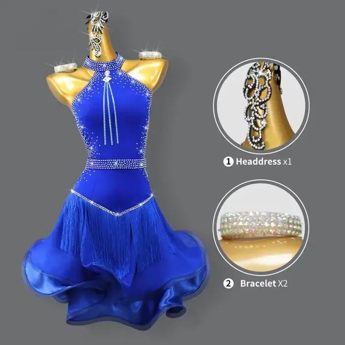 Robe de danse latine bleue 2026 élégante pour femmes compétition bal promotionnelle strass motifs nylon tricoté