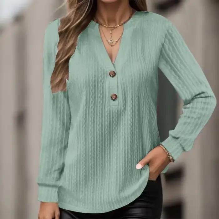Chemise à manches longues en polyester brossé et froissé avec col en V pour femmes, confortable et élégante, pour printemps et été