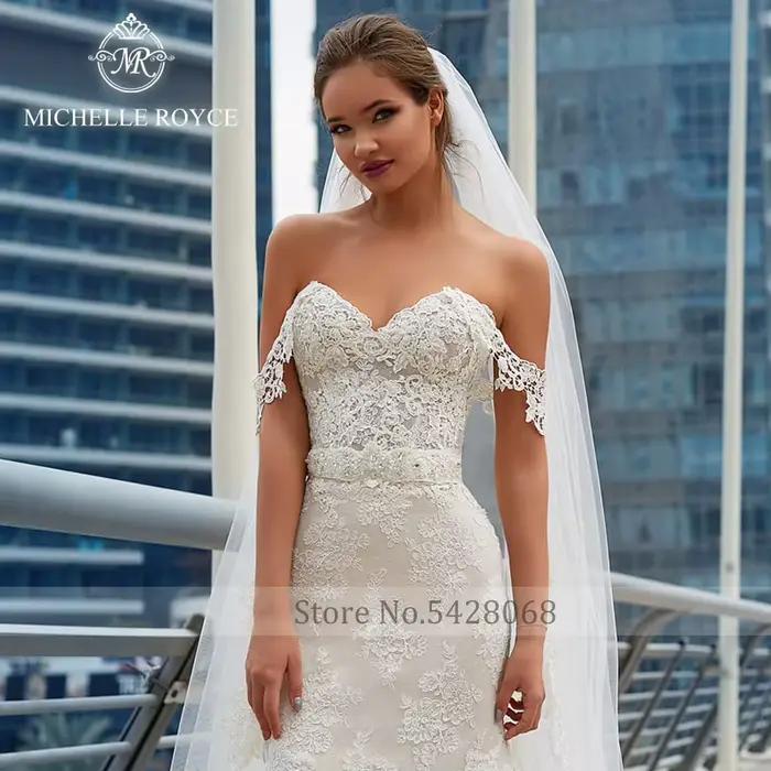 Michelle Royce robes De mariée sirène chérie hors De l'épaule à lacets nœud chapelle Train