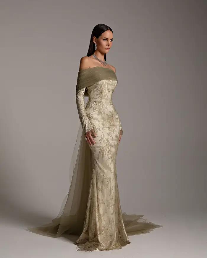 Sharon Said-Robe de Soirée en Dentelle Grise et Verte pour Femme