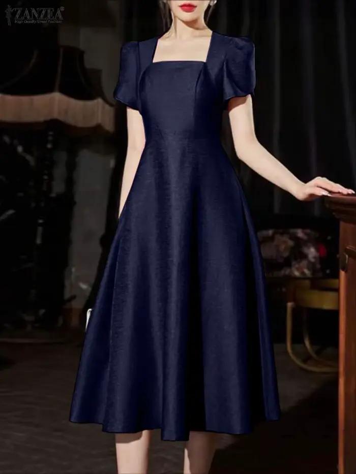 Robe de soirée élégante ZANZEA femmes robes 2025 col carré manches pétales Satin