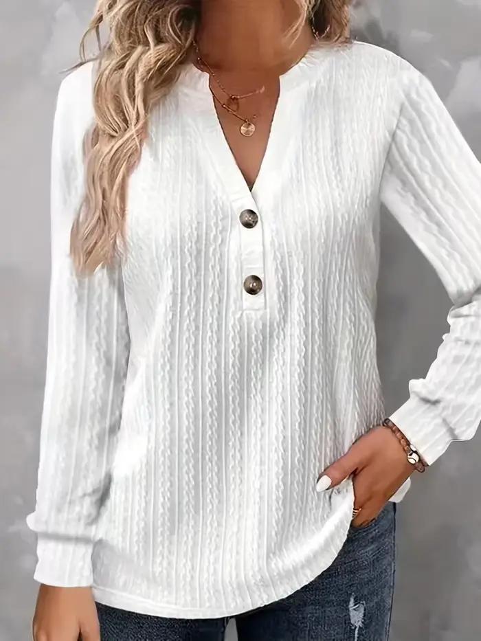 Chemise à manches longues en polyester brossé et froissé avec col en V pour femmes, confortable et élégante, pour printemps et été