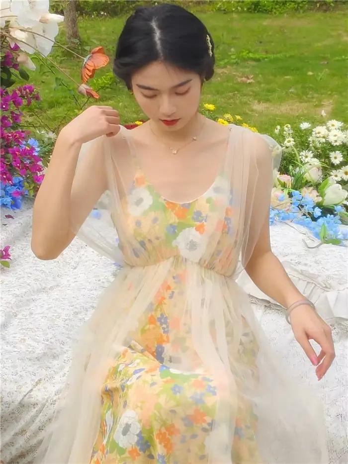 Robe féerique d'été Vintage Mori Girl en Polyester et Maille pour Femmes Occasions Spéciales