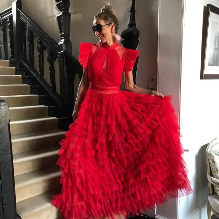Aileen rouge élégant luxe robes de soirée pour Occasions spéciales multicouche personnalisé a-ligne femmes robe
