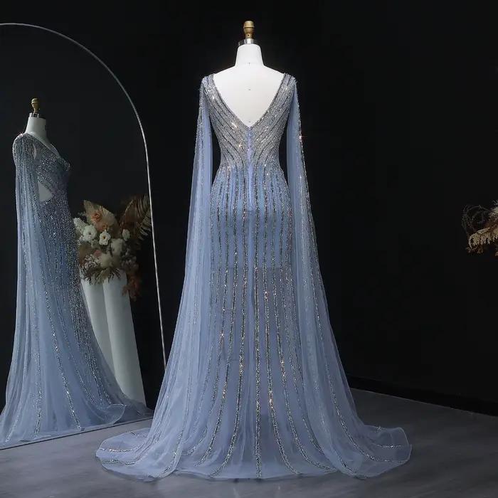 Sharon Said luxe bleu sirène arabe robe de soirée avec manches Cape élégant col en v femmes robes