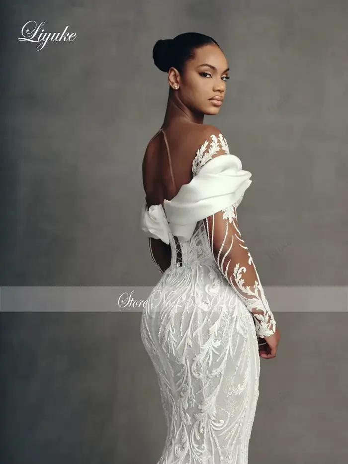 Liyuke sur mesure luxe broderie sirène robes De mariée Robe De mariage Train amovible 2 en 1 dentelle trompette