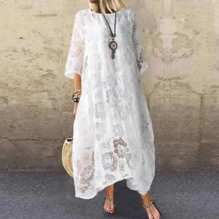 Femmes L-5XL grande taille été col rond manches courtes dentelle longue robe Vintage fait à la main creux fleur