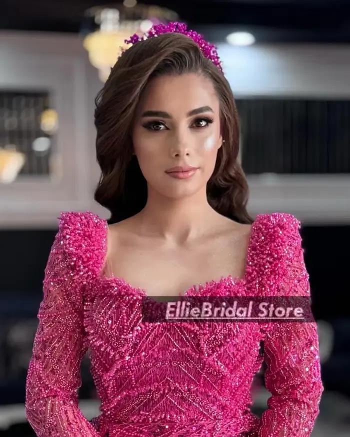 Arabie saoudite robes de soirée surjupe personnalisé perlé Fuchsia Robe de fiançailles manches longues